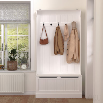 Banc d'entrée avec portemanteau, arbre d'entrée avec banc de rangement pour chaussures, rangement pour hall d'entrée avec 5 crochets, blanc