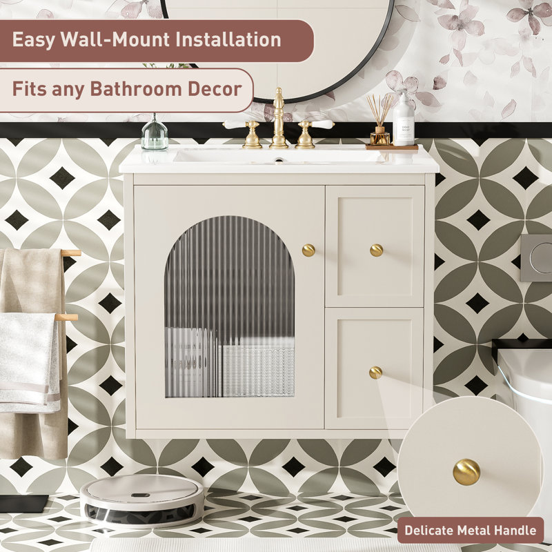  Meuble-lavabo mural 24 po avec lavabo en céramique, armoire flottante avec 2 tiroirs, beige, Beige