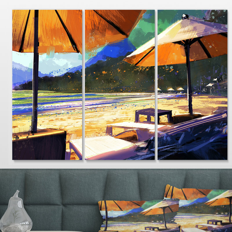 « les parapluies et les halles sur la plage », reproduction de peinture à l’huile sur toile tendue