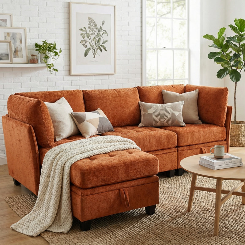 Canapé modulaire en chenille 4 pièces avec siège de rangement et canapé modulaire 4 pièces, Orange