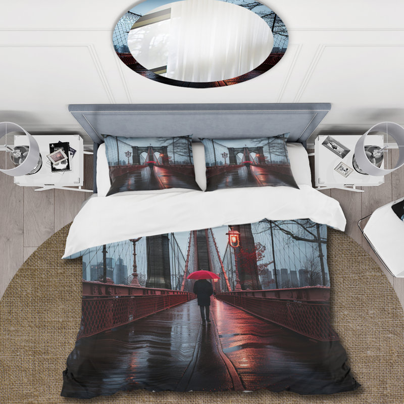Ensemble de housse de couette rouge et gris New York Brooklyn Bridge I, Housse de couette pour grand lit et 2 taies décor