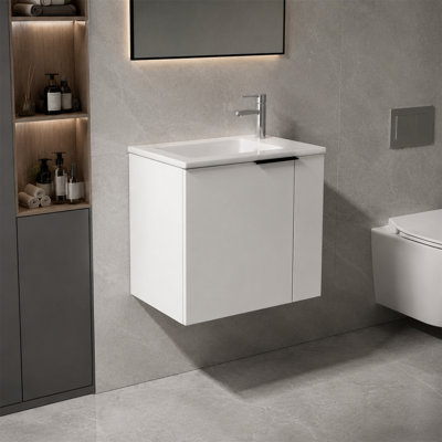 Meuble-lavabo mural moderne de 56 cm (22 po), portes en contreplaqué à fermeture amortie, meuble suspendu pour petits espaces, robinetterie et bonde non inclus