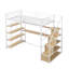 Lit mezzanine simple en métal avec escalier, bureau intégré et tablettes de rangement, blanc compact