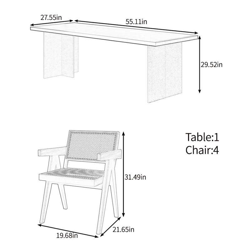 Modern natural solid wood dining table set, 29.52"H x 55.11"L x 27.55"W