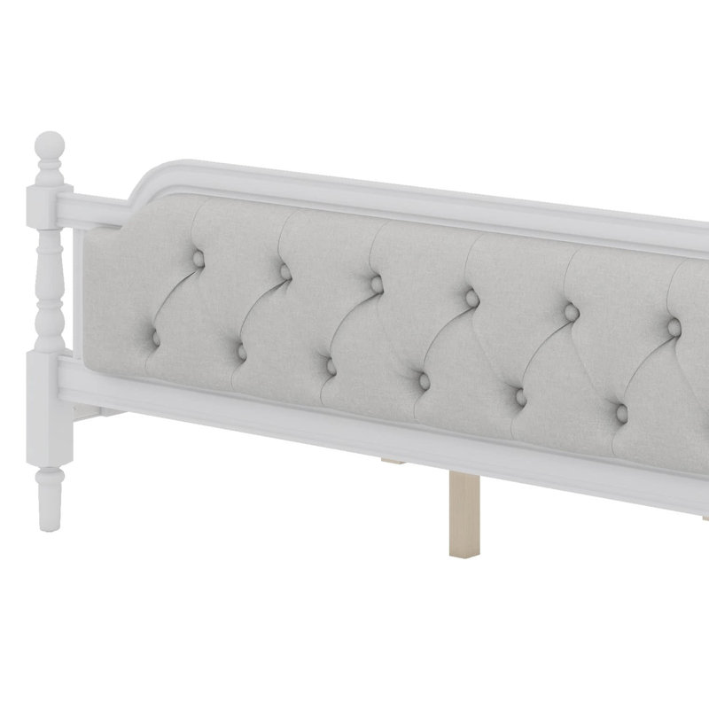 Cadre de lit classique avec tête de lit capitonnée à boutons, Roi, Blanc antique