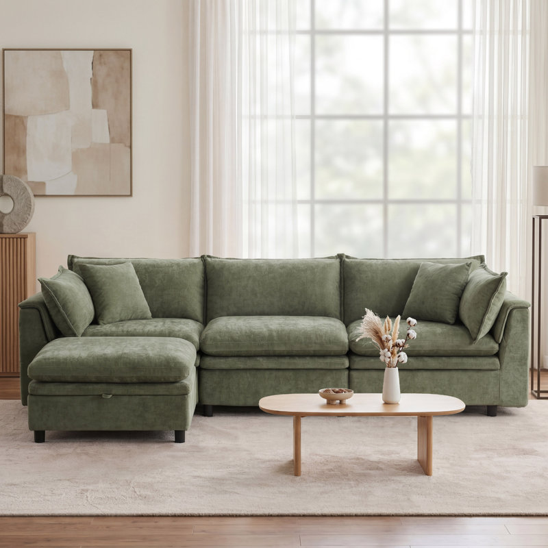 113'' Upholstered L-Shape Sectional Cloud Couch With Storage Ottoman, Avocado Green Chenille