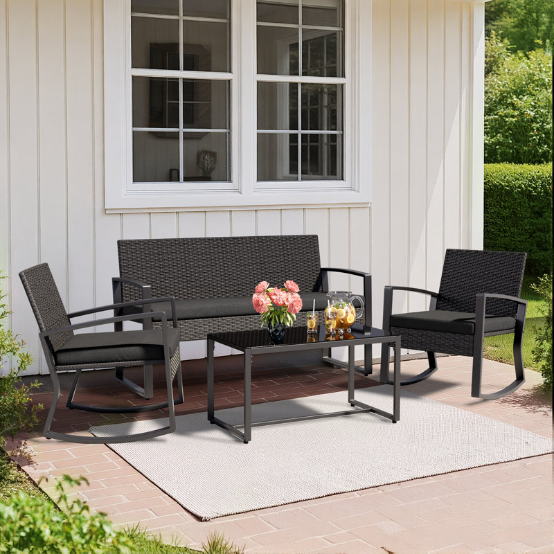 Ensemble de conversation de terrasse en osier pour 4 personnes avec coussins, causeuse, chaises berçantes et table basse