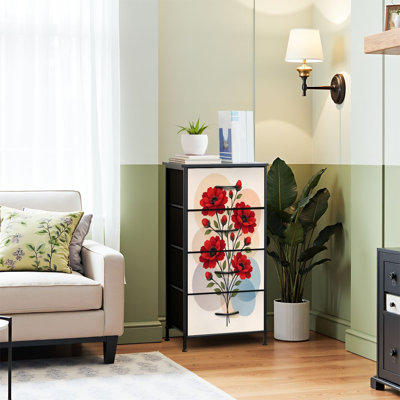 Commode 4 tiroirs pour chambre à coucher, commode étroite, plateau en bois et structure en fer 18 po x 37,5 po - (l x H) - avec bouquet de fleurs rouges et feuilles vertes, impression pastel