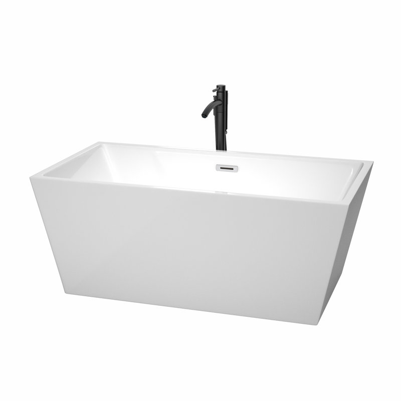 Sara 59" x 32" Freestanding Soaking Acrylic Bathtub with Faucet, White/Polished Chrome/Matte Black