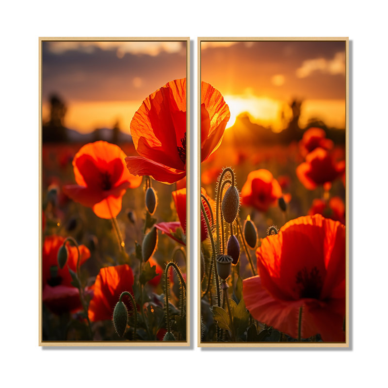 Décoration murale coquelicots rouges avec coucher de soleil II - Coquelicots floraux, H 40 po x l 40 po, Crème, crème