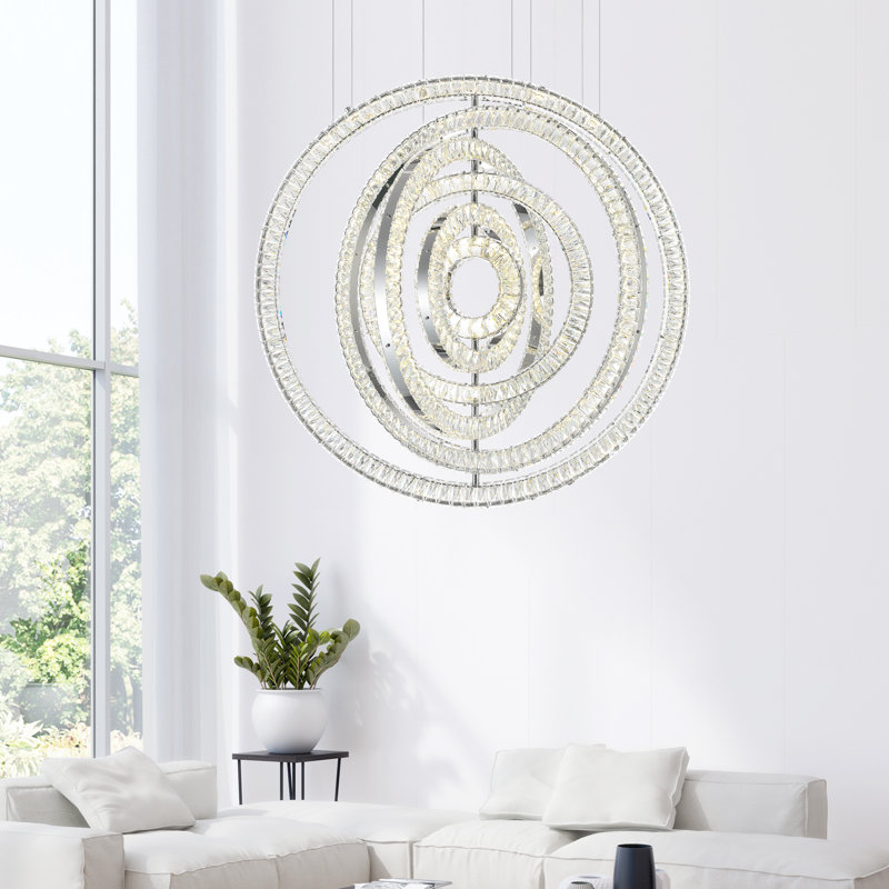 Lustre rond 37 po à DEL avec finition chromée pour salon, salle à manger, vestibule - DEL intégrée - hauteur réglable