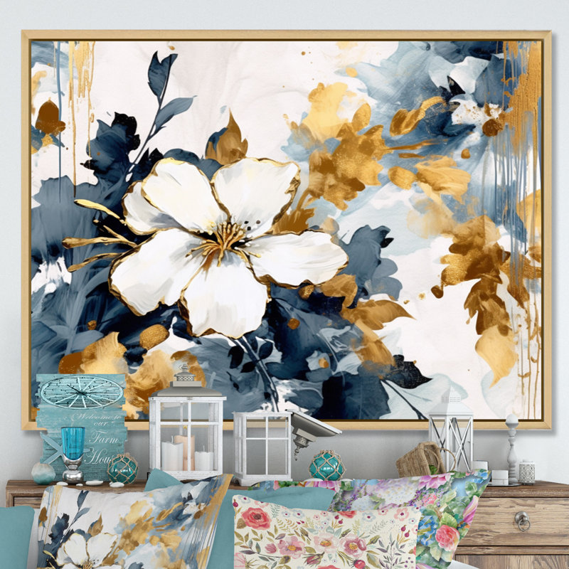 Harmonie d'hibiscus bleu et blanc - art mural floral grand, H 30 po x l 40 po x P 1,5 po, Cadre naturel flottant