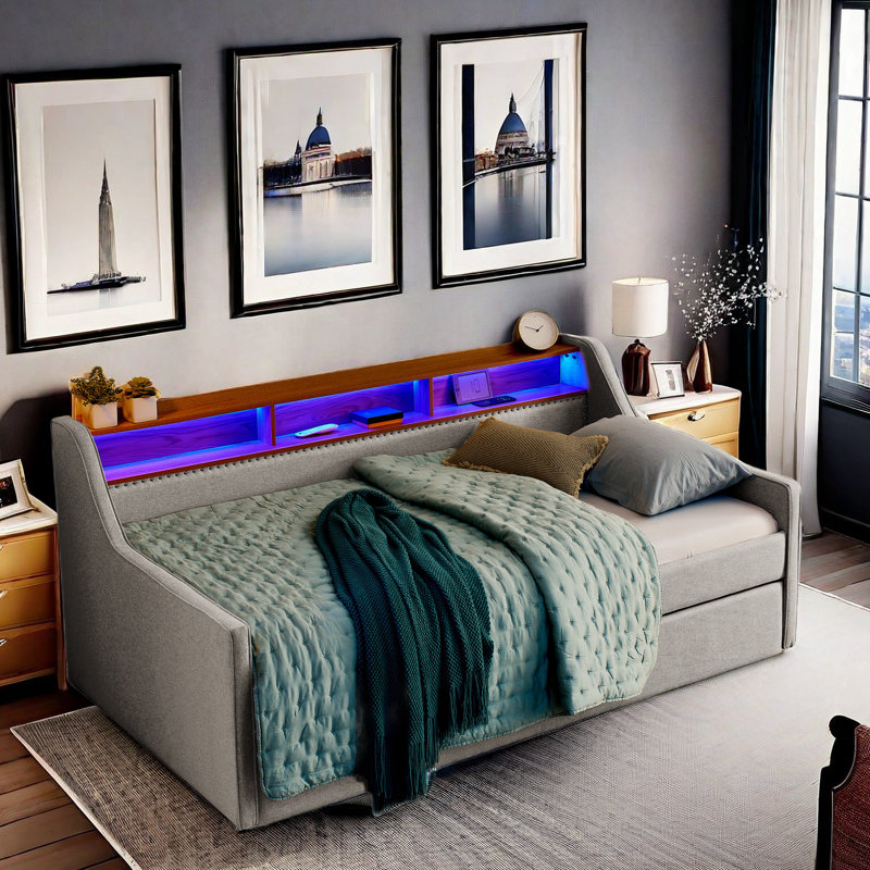 Gata Upholstery Daybed with Trundle, LED lights, Storage Headboard and Wireless Charging , Beige
