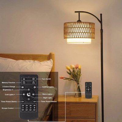 Lampe sur pied pour le salon avec 3 températures de couleur, lampes sur pied de ferme avec ampoule à télécommande et à intensité variable, lampe sur pied avec abat-jour en rotin et en tissu, lampe haute réglable pour chambre à coucher, bureau