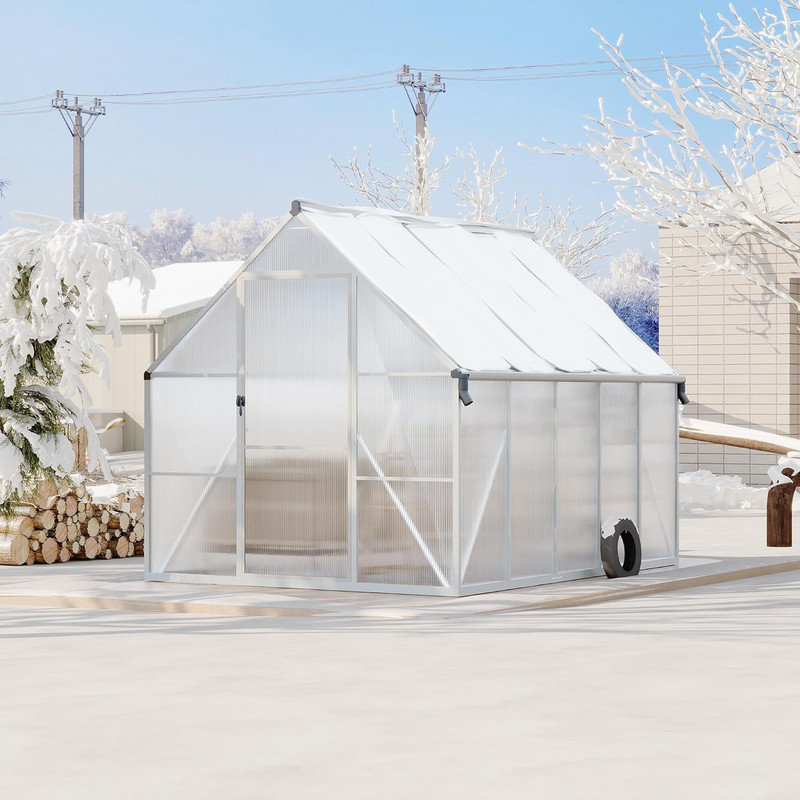Serre en polycarbonate à structure en aluminium de 8 pi x 10 pi avec évent et gouttière de toit, ensemble d'extérieur robuste