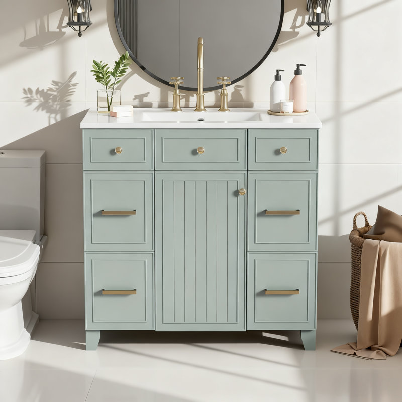 Zorindale 36" Green Bathroom Vanity, Ceramic Top, Solid Wood Frame, Green