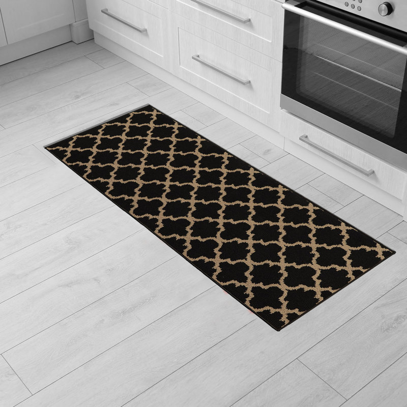 Multi-Size Wool-Effect Classic Arabesque Kitchen Runner Mat, Low-Profile, Stain-Resistant, Non-Slip, Black/Tan