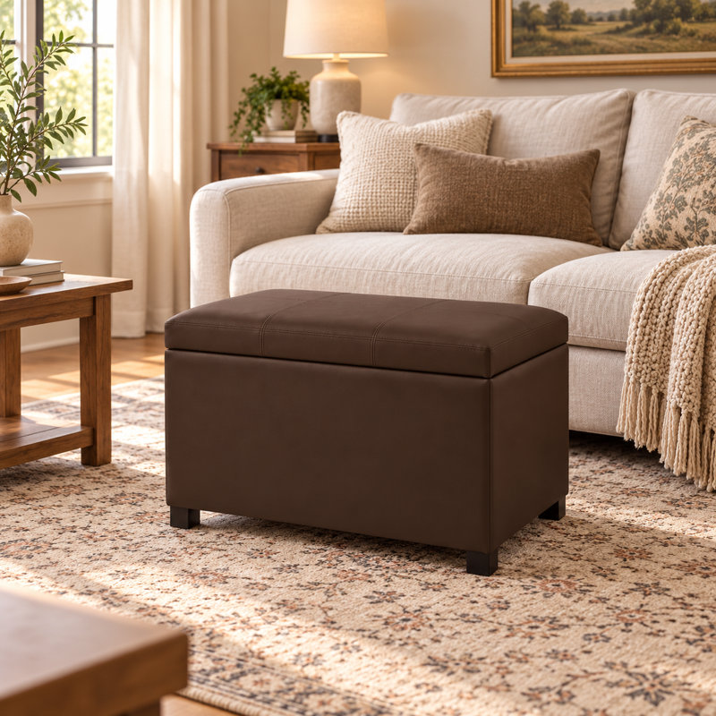 PU Faux Leather Storage Ottoman, Dark Brown, Black