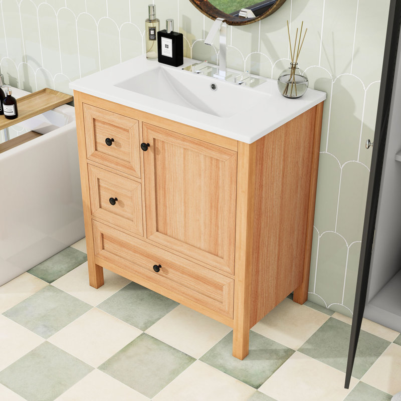 Meuble-lavabo en bois 30 po avec lavabo en céramique, tiroirs à fermeture en douceur, tablette réglable et conception à dossier ouvert