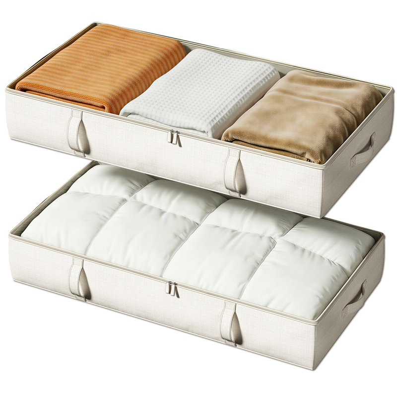 Side-Supported Under Bed Storage Containers, 6 Inches Tall 60L Underbed Storage Bins With Sturdy Handles And Sidewalls, Closet Organizer For Clothes, Blankets, Seasonal Items, Beige, 2-Pack