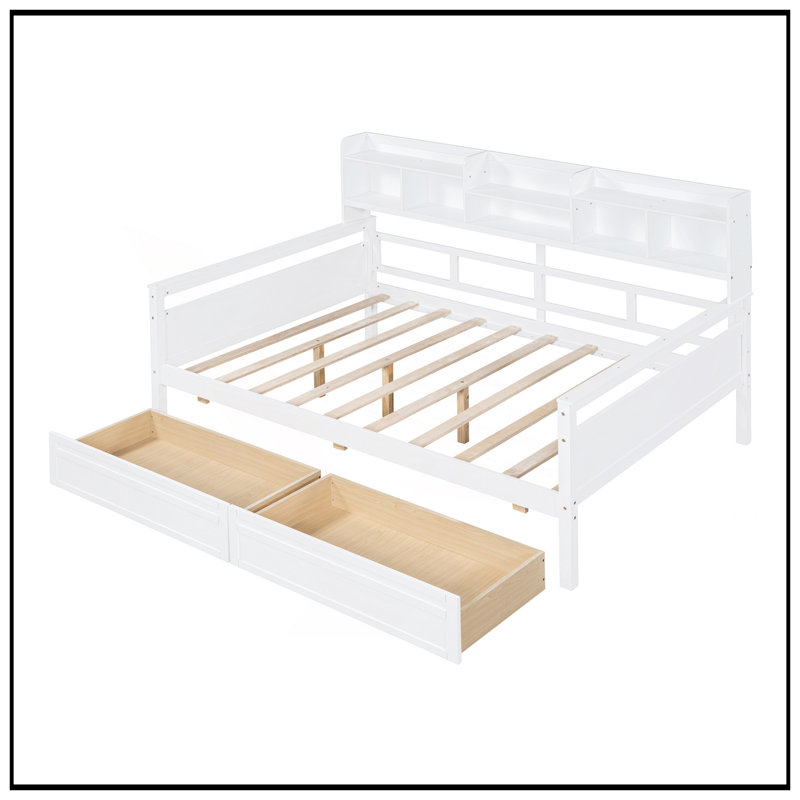 Daybed With Wood Slat Support, Bedside Shelves, And Two Drawers For Versatile Storage And Comfort, Full, White