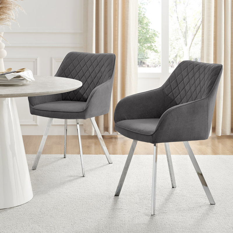 Eubanks Luxury Fabric Upholstered Dining Chair with Chrome Metal Legs - Modern Home, Silver, Dark Grey