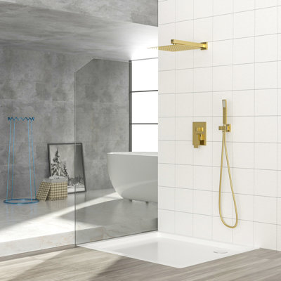 Gold Dual Shower Head - 12 Inch Square Wall Mounted. -balanced Valve To Scalding. Overhead Rainfall With Wide Coverage. Easy Install And Clean. Comes Arm, Handheld Head, Hose, Holder, & Manual In For