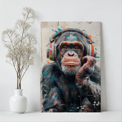 1Pc Framed Canvas Poster Print Chimpanzee, Headphone Graffiti, Surrealism Portrait Style Wall Art Wall Pediments, Wall Decor, Perfect for Room Decor L