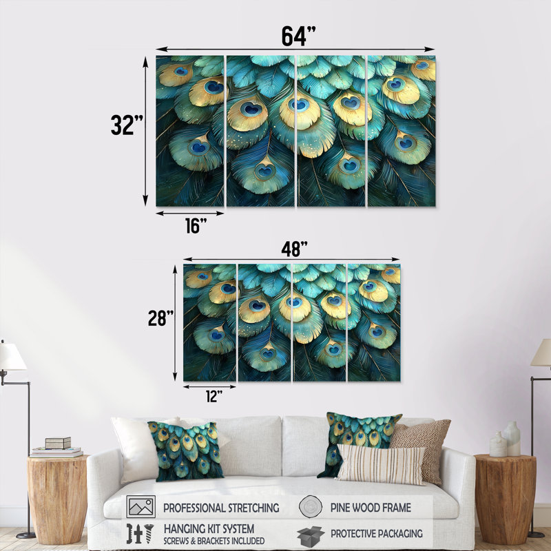 «Blue and Green Peacock Feather Collage II», art mural oiseau - ensemble de décorations murales modernes, 4