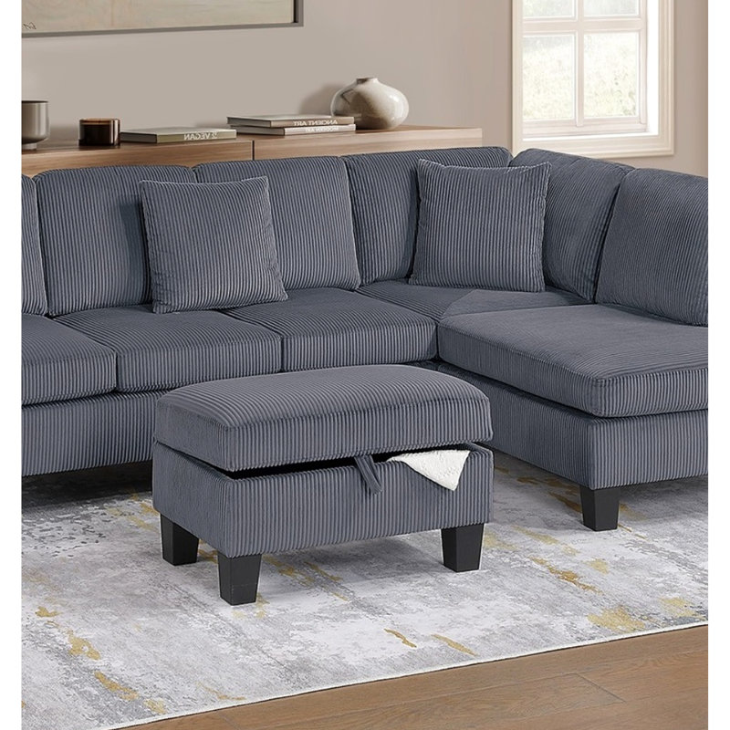 Canapé modulaire 3 pièces en velours côtelé gris foncé avec méridienne et espace de rangement, Gris foncé