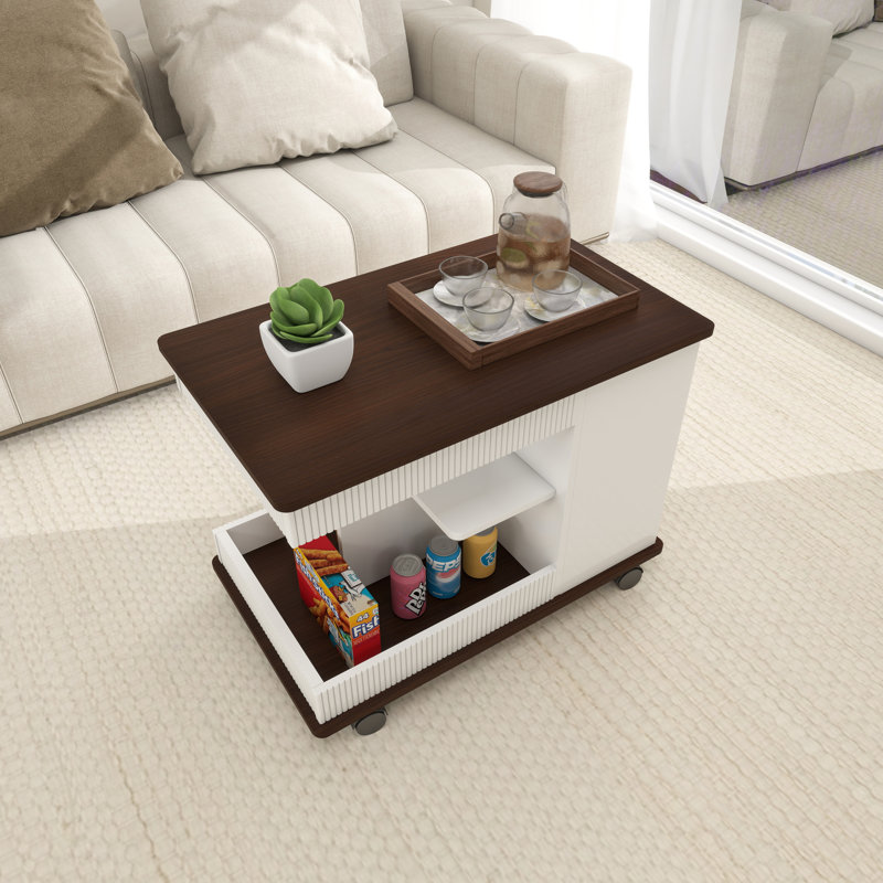 Adjustable End Table With Wheels,Modern Side Table With 360°Rotating Top And Storage Space, White