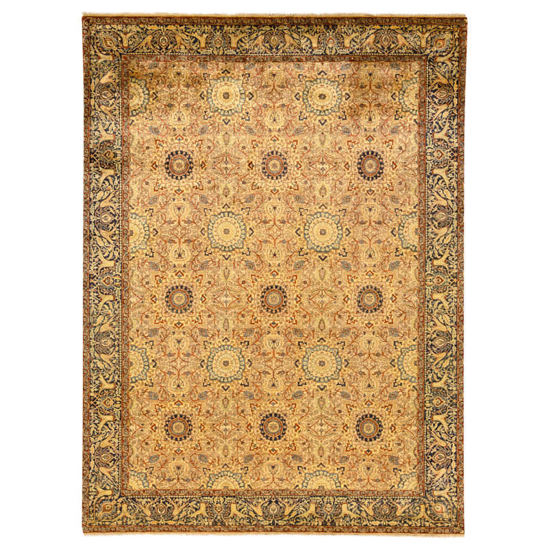 Tapis crème et bleu noué à la main de haute qualité