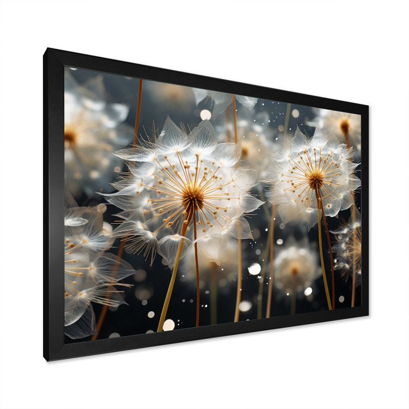 «White Teal Dandelion Symphony I», reproduction sur toile, Cadre simple noir, H 30 po x l 40 po x P 1,5 po