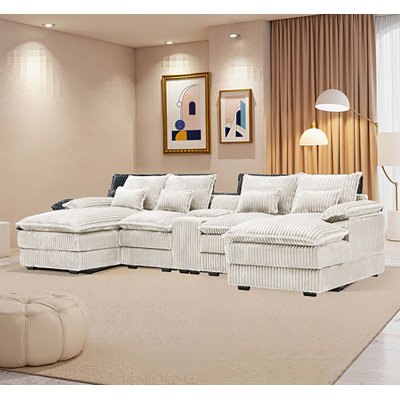 120-Inch U-Shaped Modular Sofa With Center Console Table, USB Charging Ports, And Four Accent Pillows For Large Living Spaces.