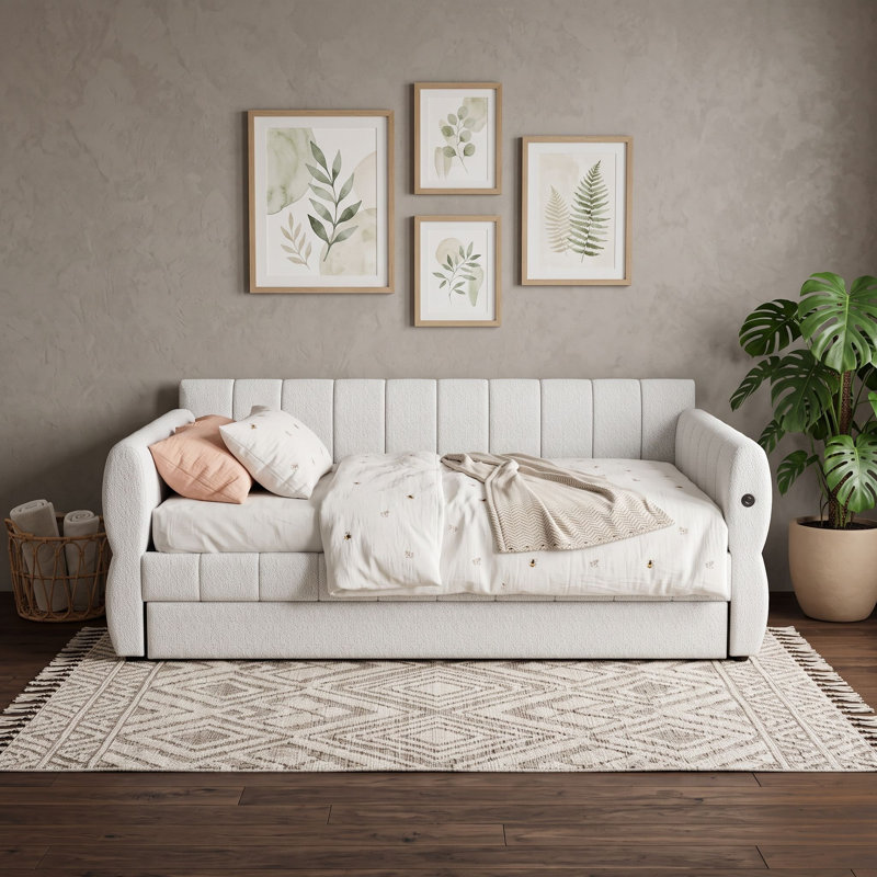 Grand lit de jour rembourré avec ports USB intégrés et lit gigogne, Blanc