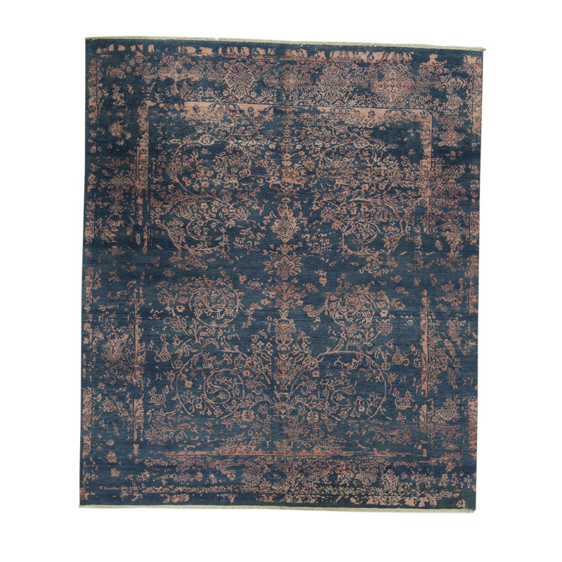 Tapis bleu et rose noué à la main de haute qualité