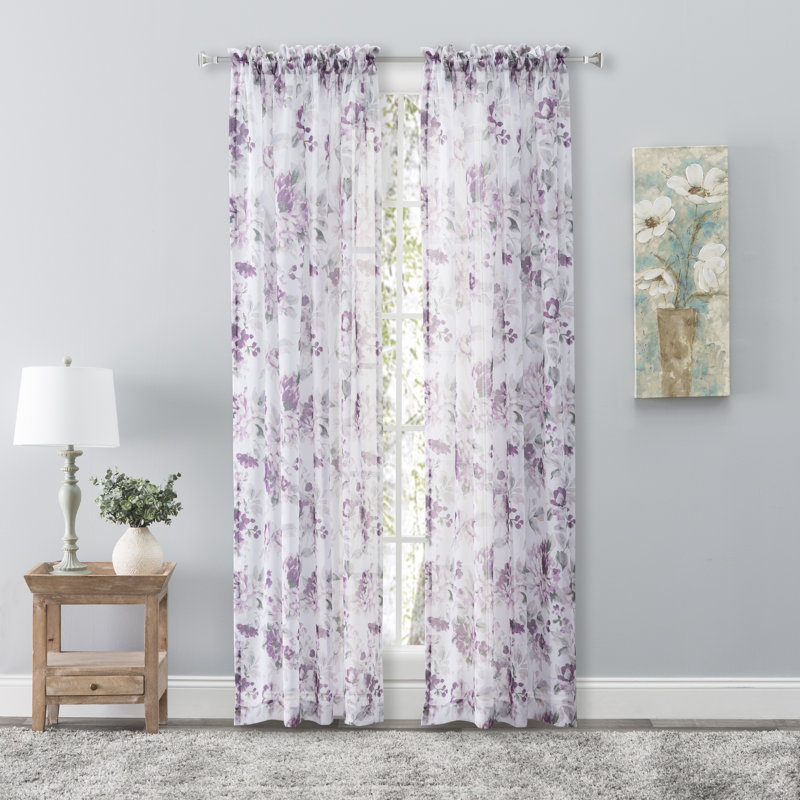Bremen Elegant Water-Color Floral Semi-Sheer Single Curtain Panel, Berry, 54"W x 63"L