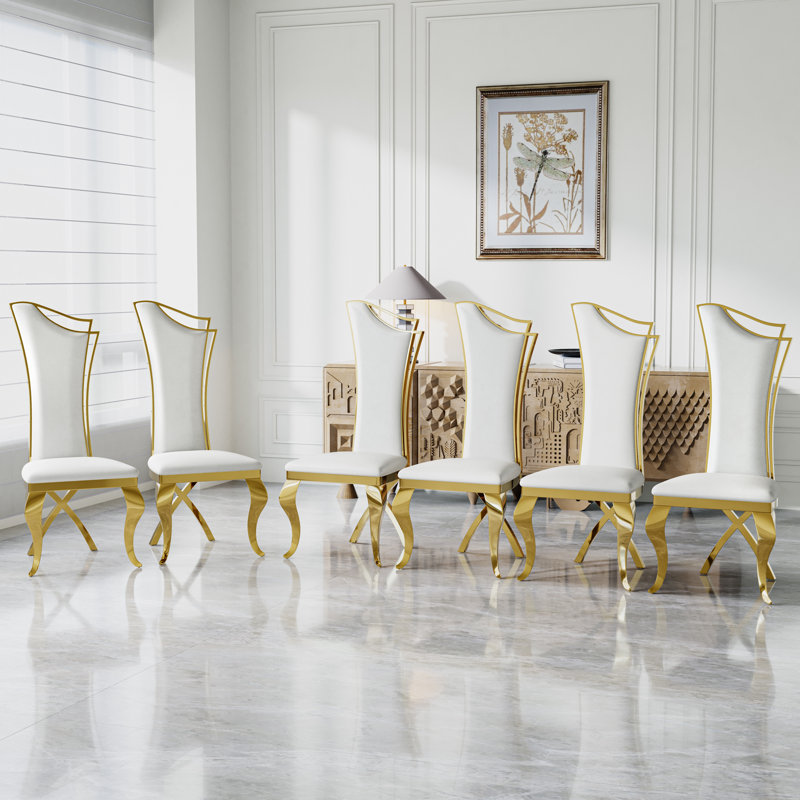 Solid Back Side Chair Dining Chair, 6, White, Gold