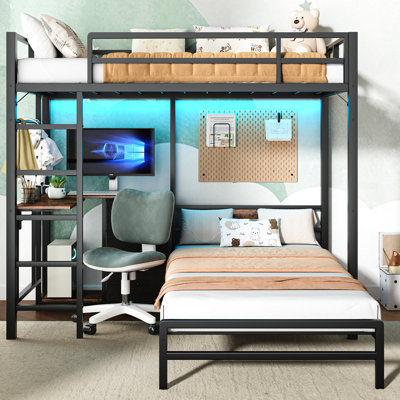 Bunk Bed Black Twin Over Twin, Featuring Folding Table, 3 Storage Drawers, Led Lighting, Charging Ports, Rails And Flexible , Space - Saving