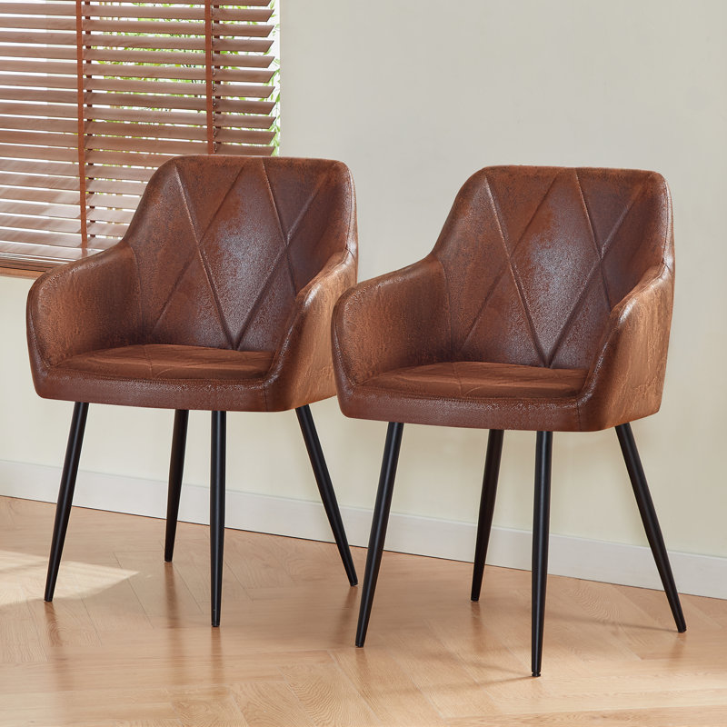 Suede Vintage Upholstered Arm Dining Chair Full Back, Brown, 2