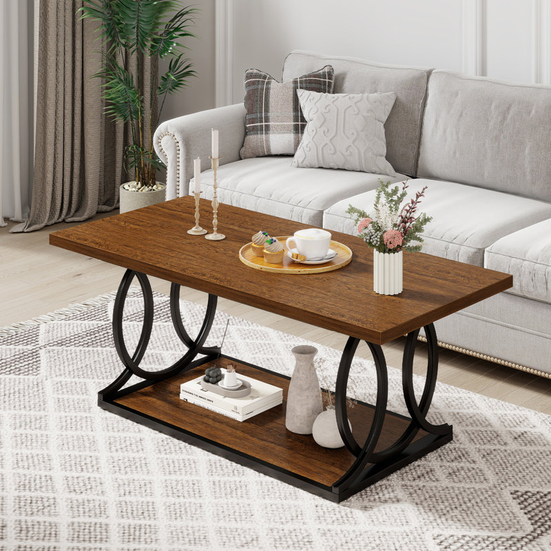 2 Tier 42 inch Modern Coffee Table with Storage, Center Table For Living Room, Walnut