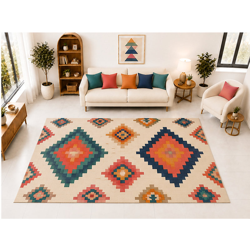 Tapis « ultra-fin » grand format (201 cm x 300 cm) à motif losanges pixelisés du sud-ouest, idéal pour le salon, la chambre ou la salle à manger. Tapis d'intérieur doux à poils courts, style bohème.