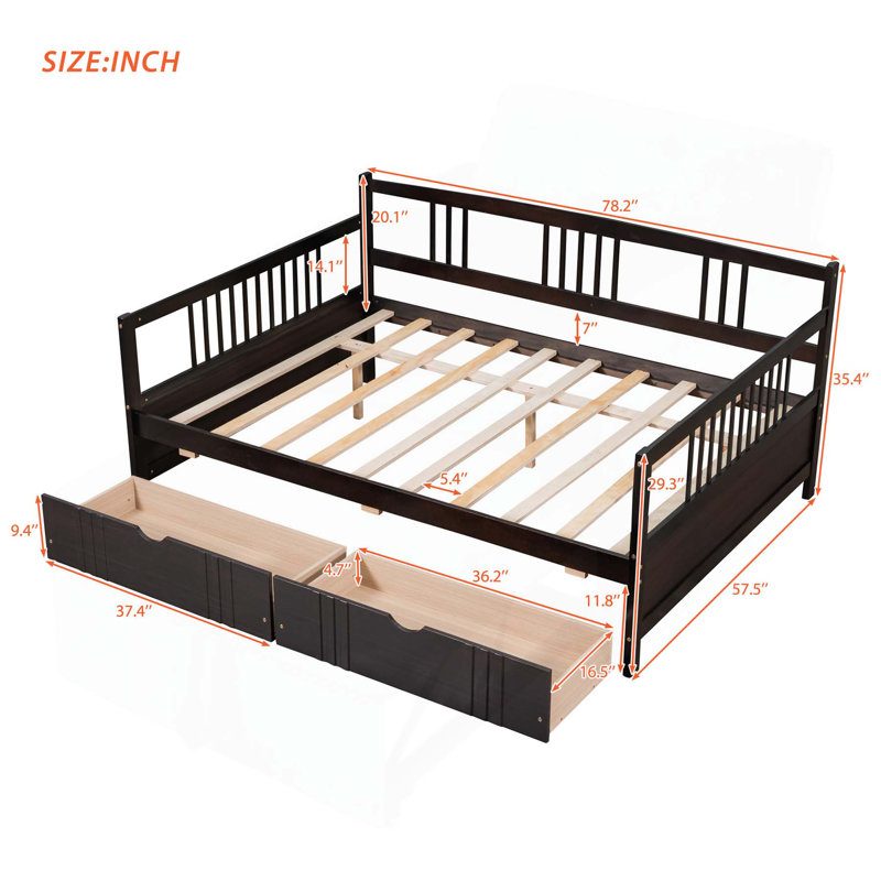 Lit de jour double polyvalent avec deux tiroirs pour la détente et le rangement, Complet/Double, Espresso