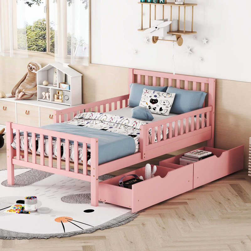 Lit plateforme rose en bois avec garde-corps double et 2 tiroirs de rangement, Lit simple, Rose