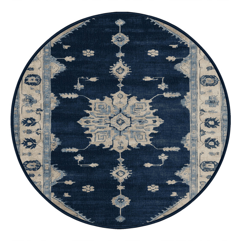 Machine Washable Overdyed Blue Area Rug, Round 4'