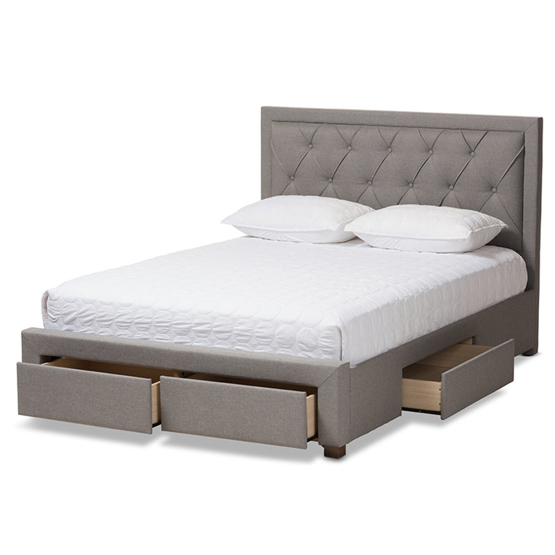 Lit plateforme tapissier avec rangement Aurelie, Beige, Très grand