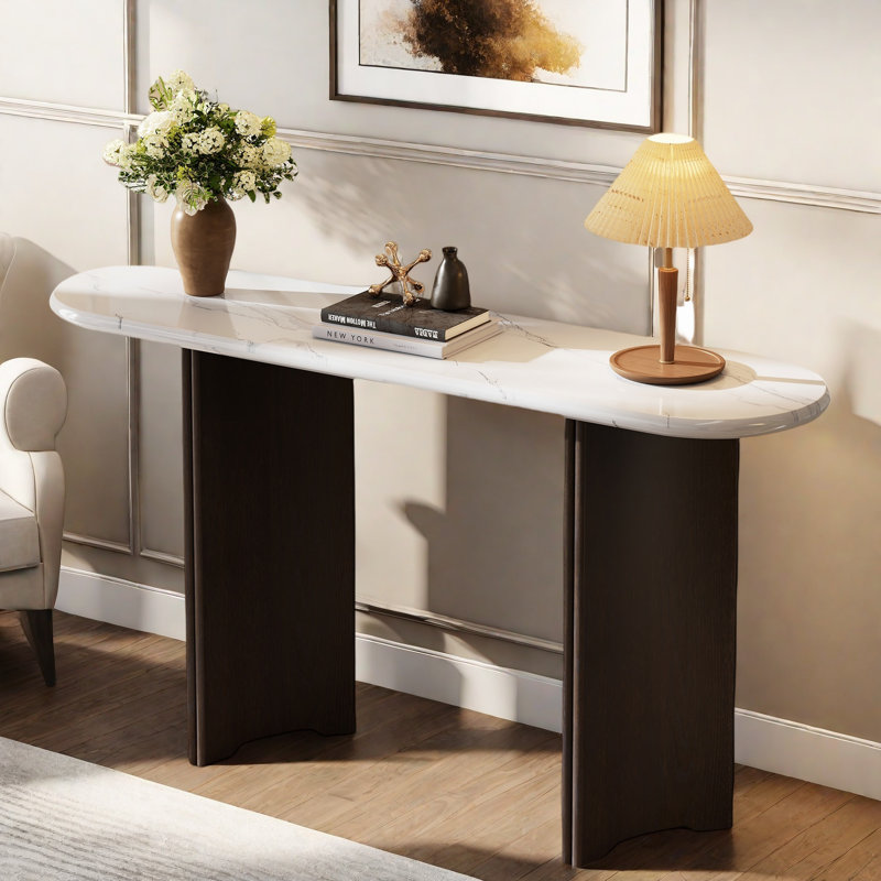 Narrow Console Table With Oval Marble Top, Curved Legs And Triangular-designed Base, Espresso