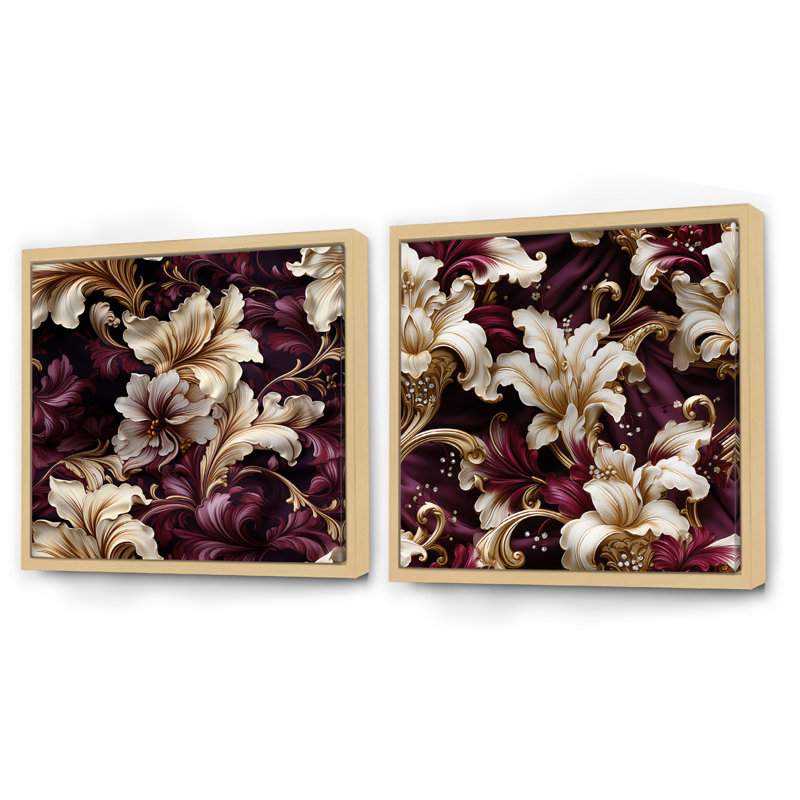 Royal Victorian Flourish Victorian Motif III - ensemble de 2 collages floraux carrés, Cadre flottant brun, H 36 po x l 73 po