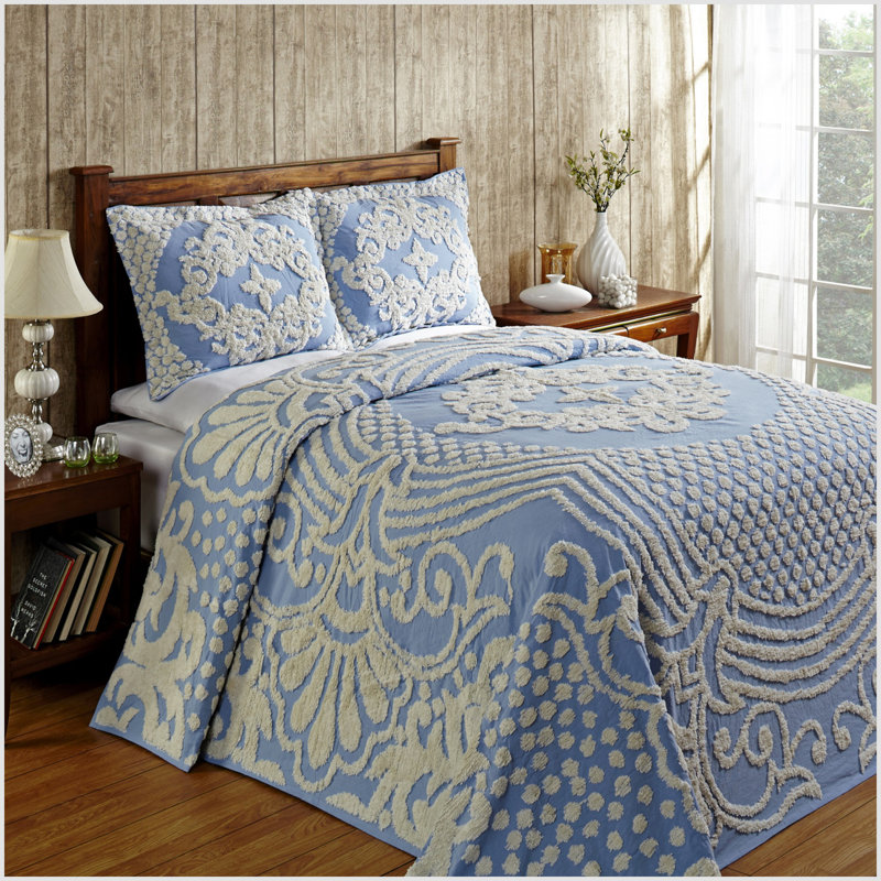Florence Standard 100% Cotton Floral Pattern Coverlet/Bedspread with Sham Set, Blue, Twin Bedspread + 1 Standard Sham