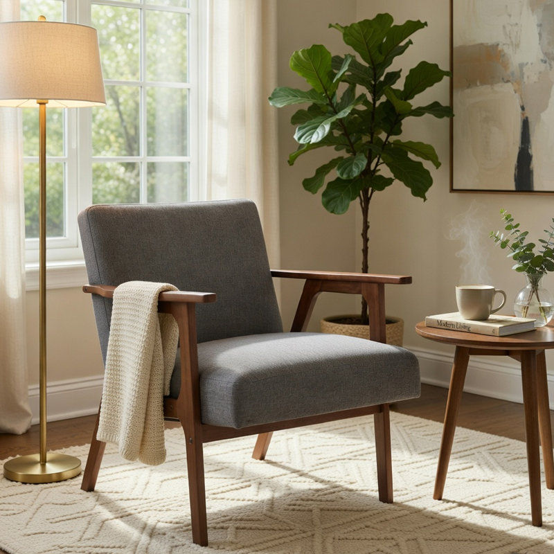 Chaise d'appoint Cathy, coussins en mousse, polyester gris foncé, accoudoirs brun noyer, Gris foncé